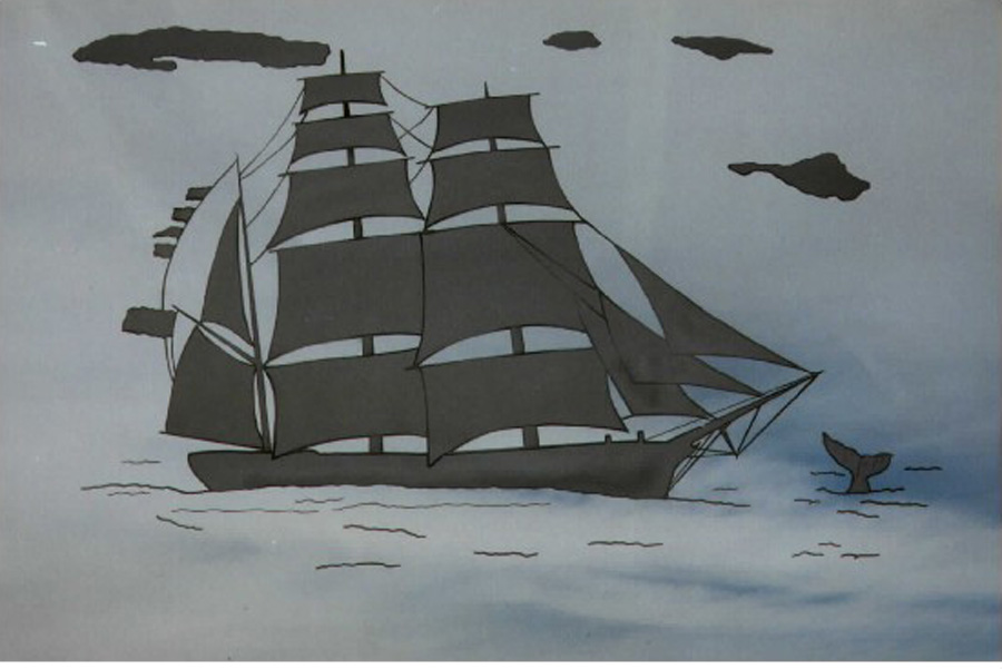 For anyone who loves an ocean view. This etched piece portrays a ship flanked by whales