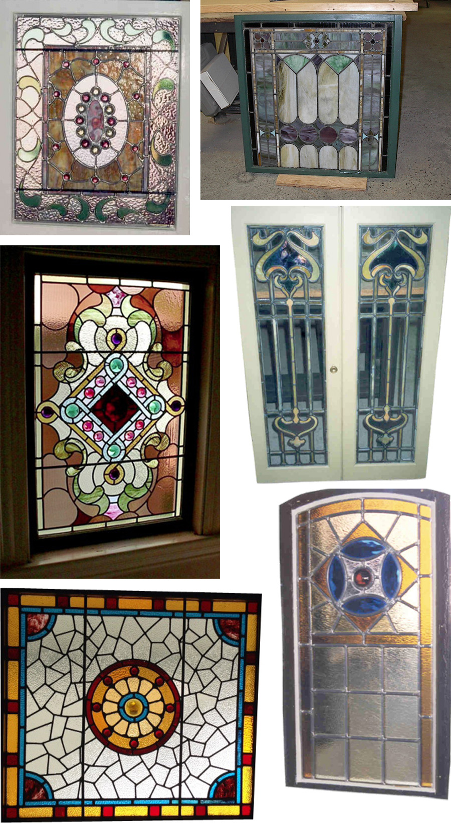 Six formerly damaged stained glass pieces, all expertly restored.