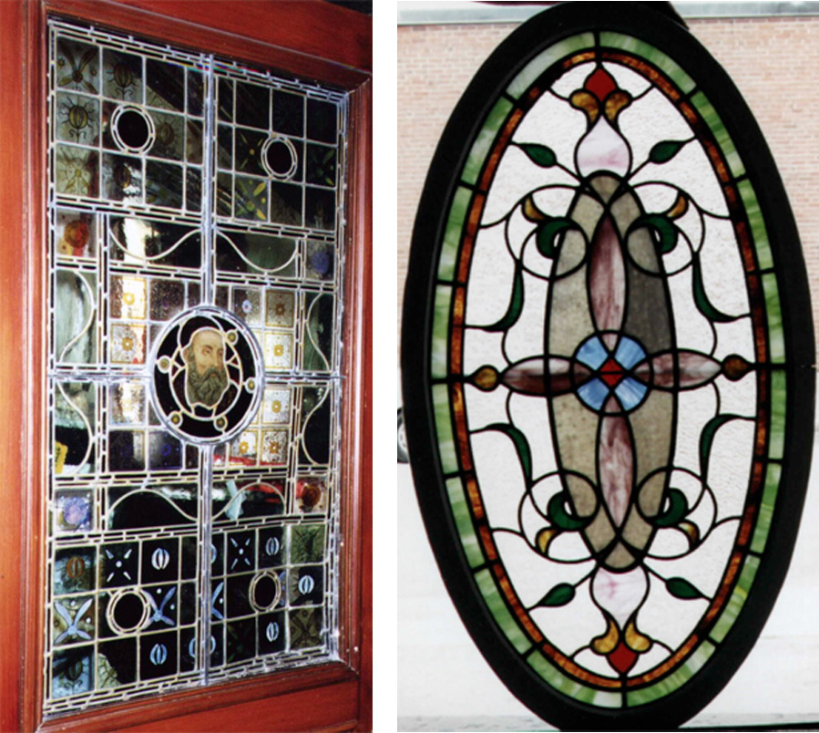 A stained glass religious piece and a window, both restored.